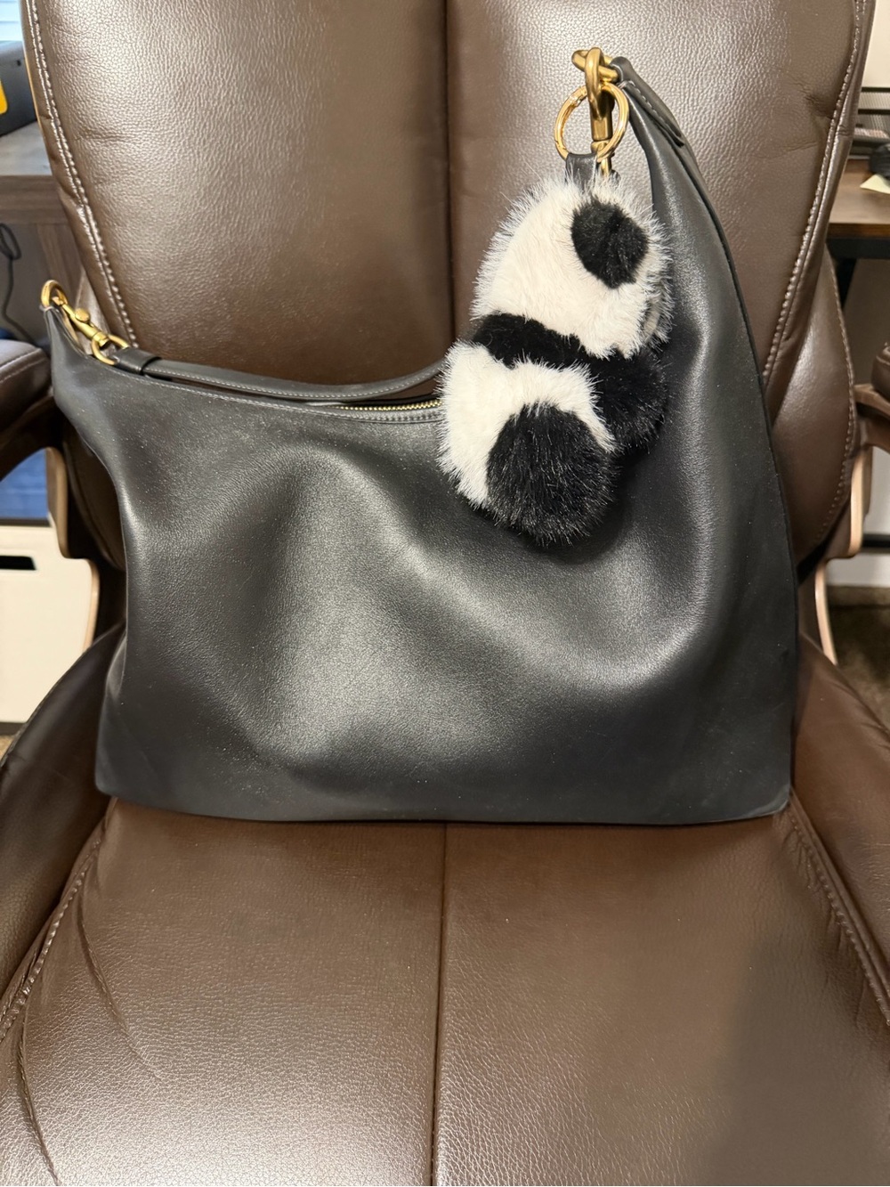 Coach Black Leather Shoulder Hobo with Black & White Fur Pom